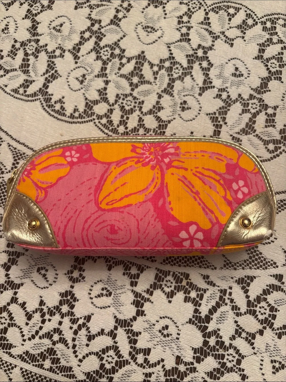Lilly Pulitzer Pink & Orange Floral Zip Cosmetic Case with Gold Accents